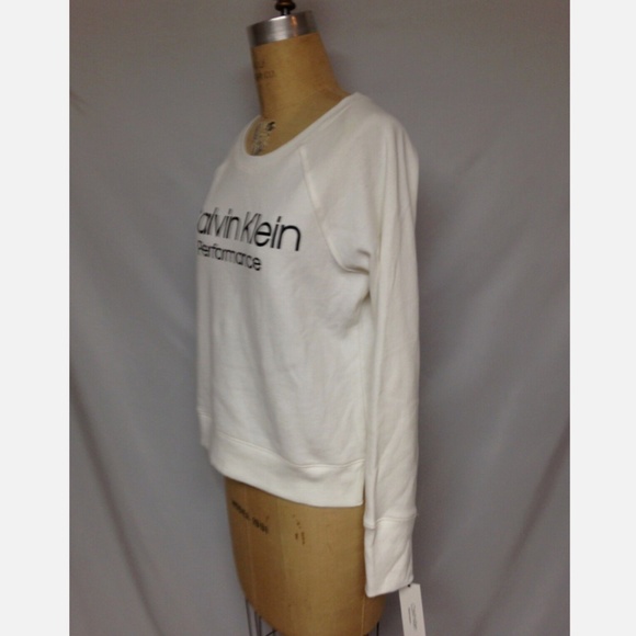 Calvin Klein Logo Print Ribbed Trim Crew Neck Sweatshirt PFT8T1182 S White NWT - Picture 2 of 4